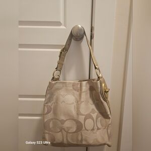 Coach Khaki Gold Signature Bag with Gold Leather Strap